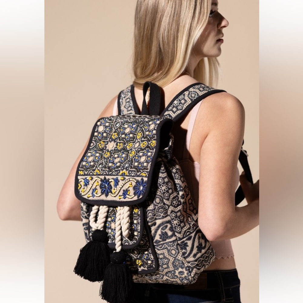 NWT! Ruggine Handmade Bohemian Patterned Backpack Beads And Tassels